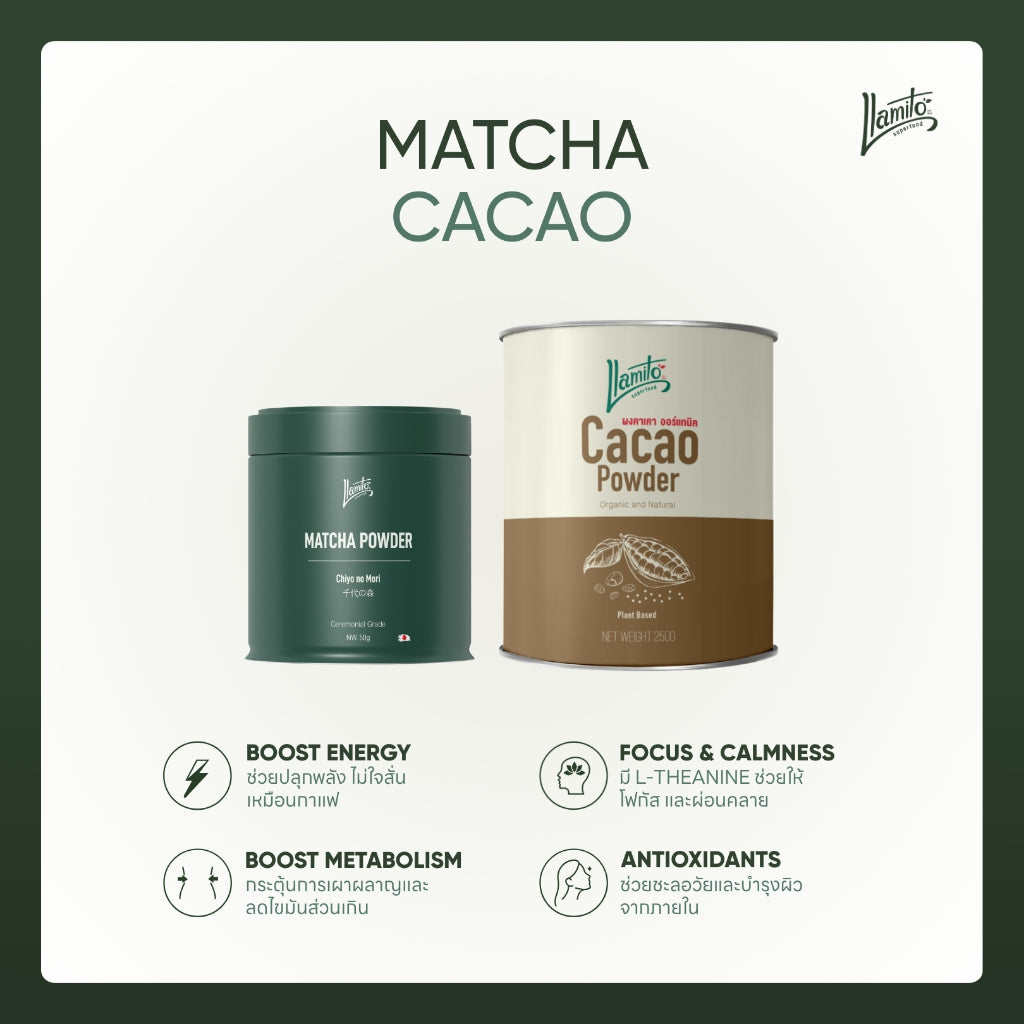 เซ็ต มัทฉะ ชิโยโรโมริ เกรดพิธีการ + ผงคาเคา (Set: Chiyo no Mori + Cacao powder)