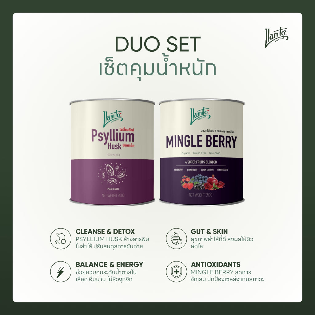 เช็ตคุมน้ำหนัก มิงเกิ้ลเบอร์รี่+ไซเลี่ยมฮัสค์ ( Mingle Berry + Psyllium Husk) แถม ถุงผ้า Canva ใส่กระบอกน้ำ